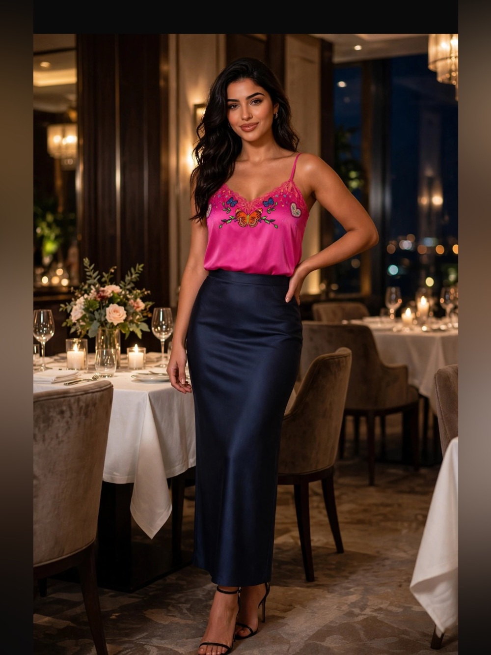 100% silk sexy Boheme Hot Pink Embroidered Butterfly Camisole🦋☘️🌺 - Picture 7 of 15